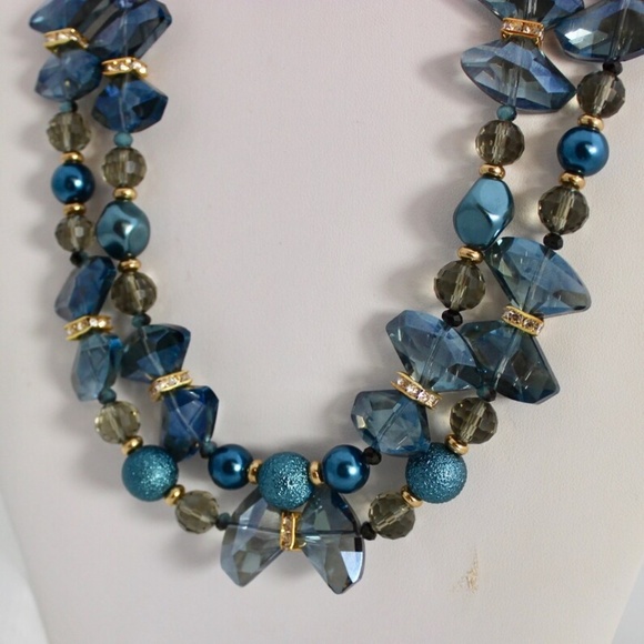Royal Blue Crystals Pearls Statement Necklace Two Strand Sapphire Gold Rhineston - Picture 5 of 10